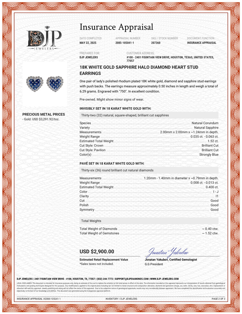 18K White Gold Sapphire Halo Diamond Heart Stud Earrings