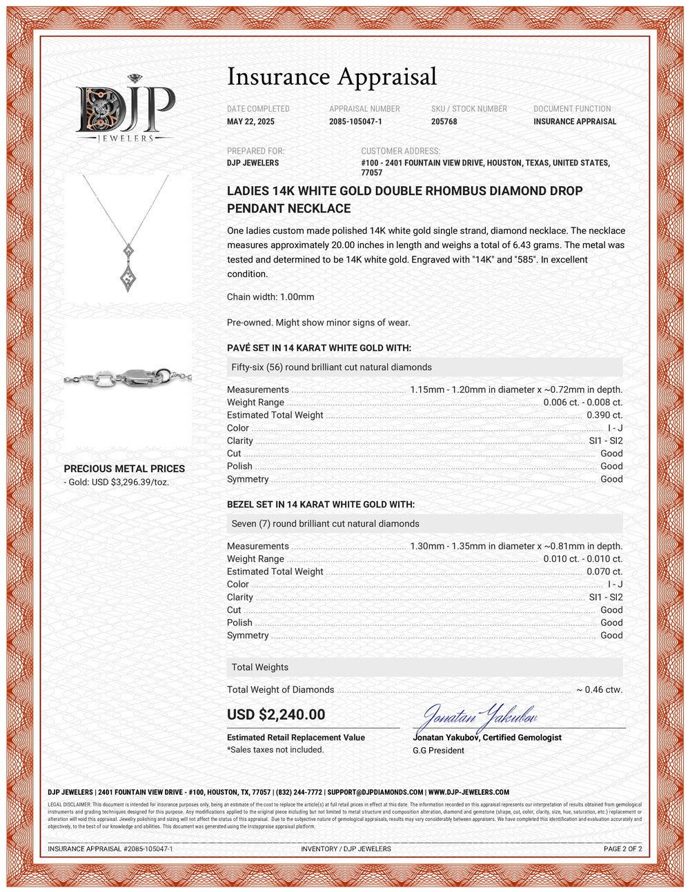 Ladies 14K White Gold Double Rhombus Diamond Drop Pendant Necklace