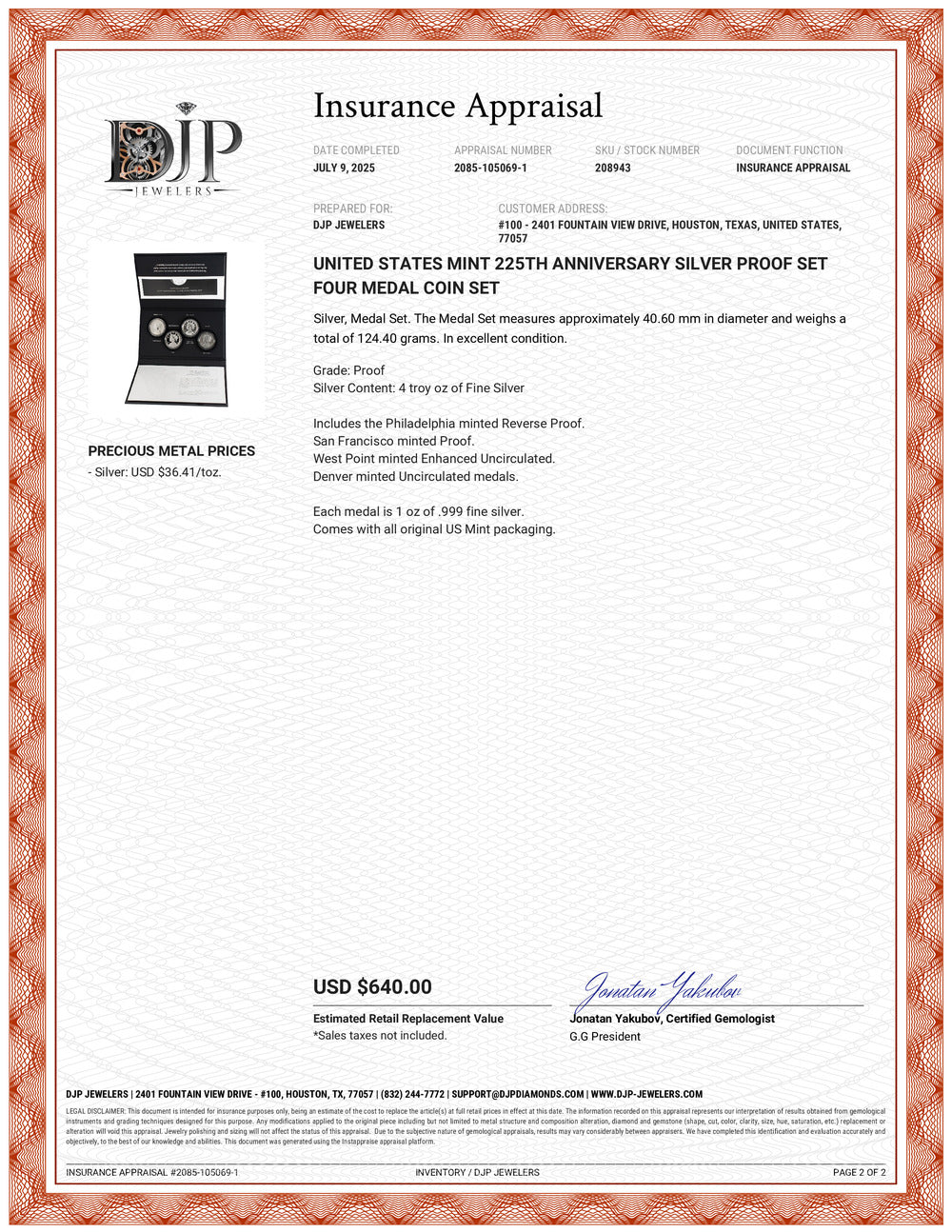 United States Mint 225th Anniversary Silver Proof Set Four Medal Coin Set