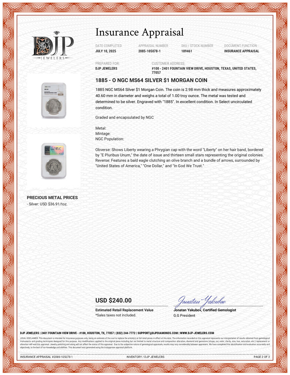 1885 - O NGC MS64 Silver $1 Morgan Coin