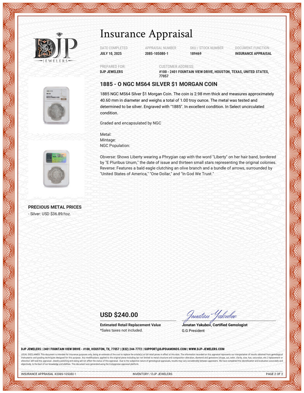 1885 - O NGC MS64 Silver $1 Morgan Coin