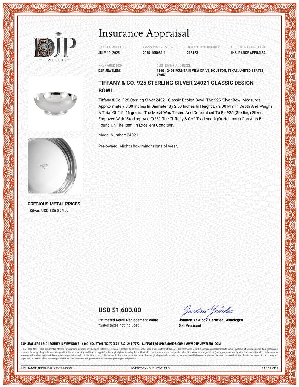 Tiffany & Co. 925 Sterling Silver 24021 Classic Design Bowl