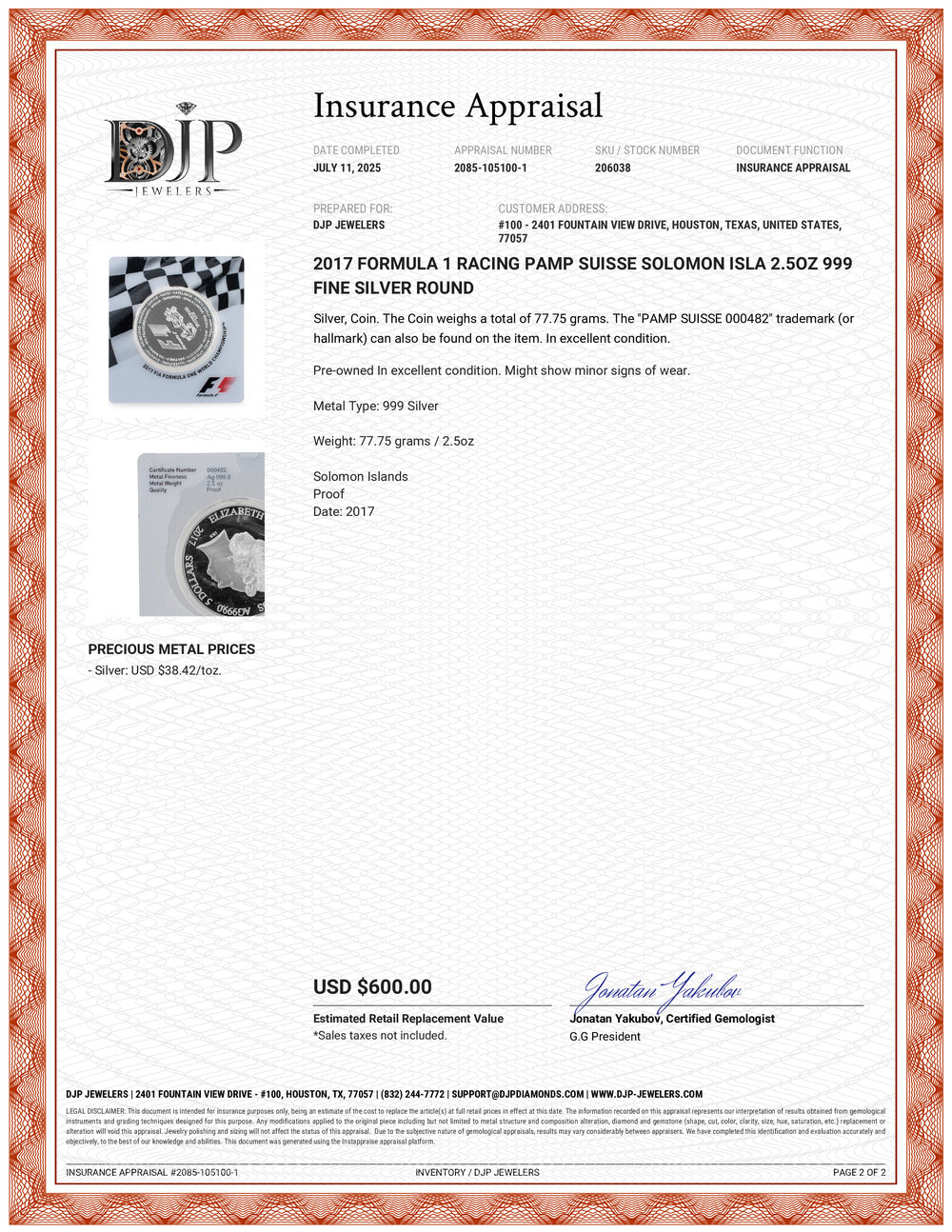 2017 Formula 1 Racing Pamp Suisse Solomon Isla 2.5oz 999 Fine Silver Round