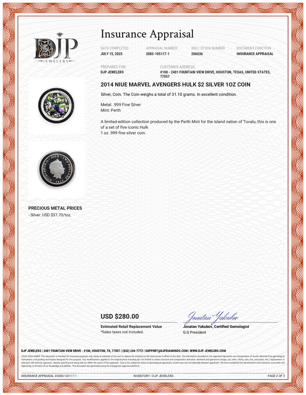 2014 Niue Marvel Avengers Hulk $2 Silver 1OZ Coin