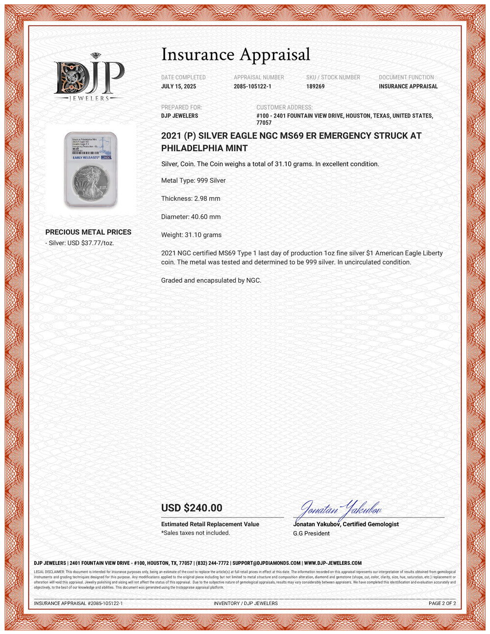 2021 (P) Silver Eagle NGC MS69 ER Emergency Struck at Philadelphia Mint