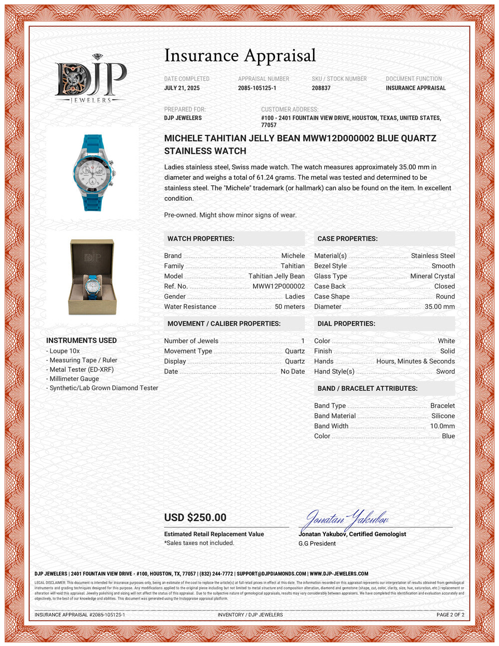 Michele Tahitian Jelly Bean MWW12D000002 Blue Quartz Stainless Watch