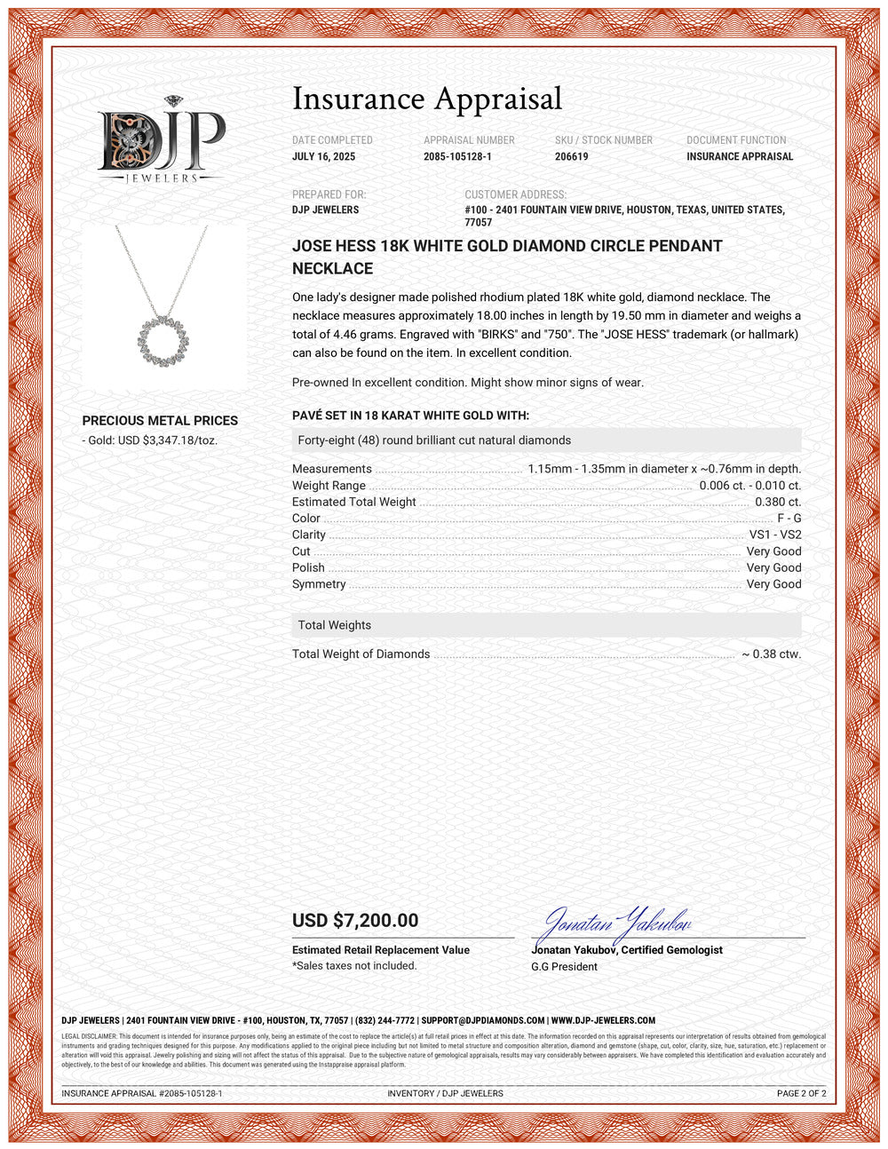 Jose Hess 18K White Gold Diamond Circle Pendant Necklace