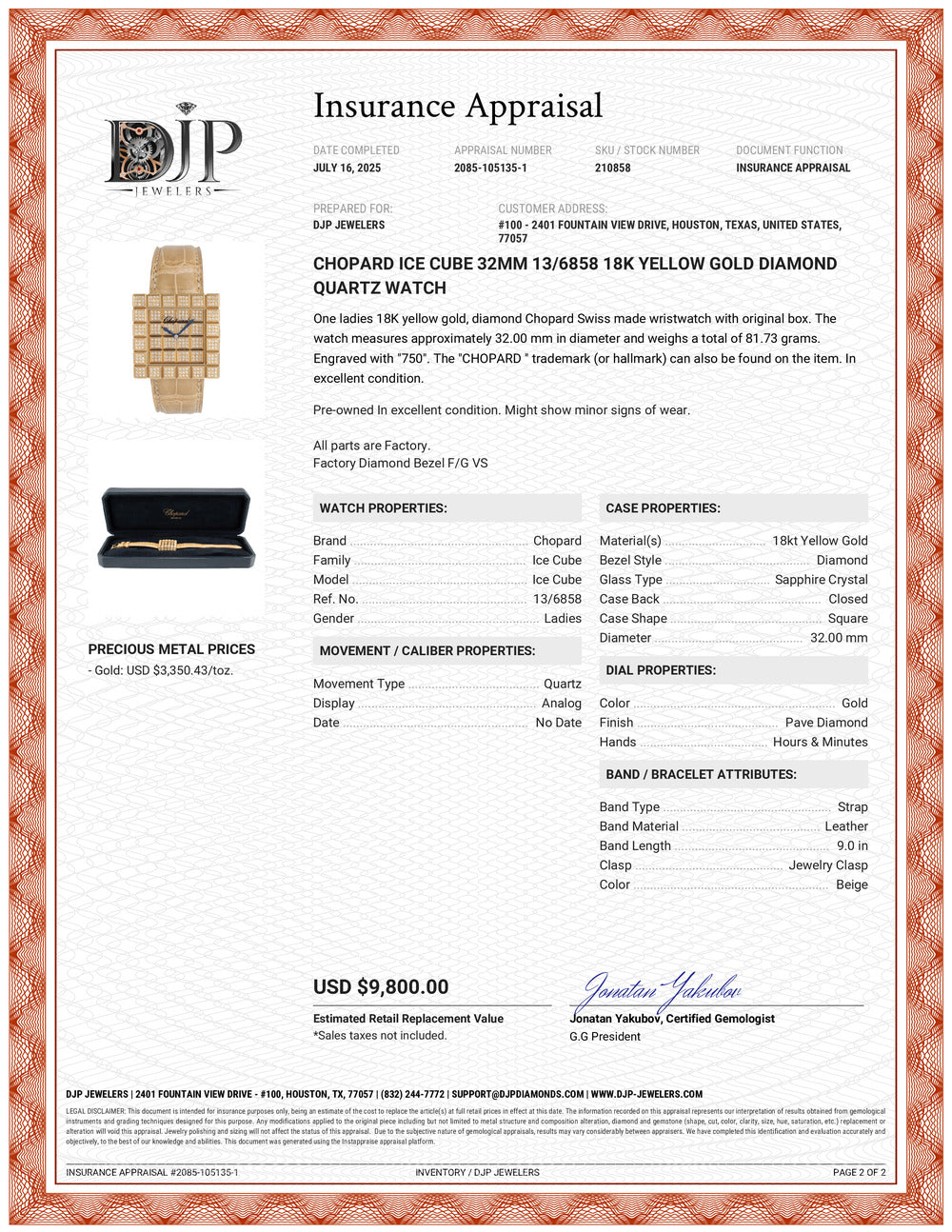 Chopard Ice Cube 32MM 13/6858 18K Yellow Gold Diamond Quartz Watch