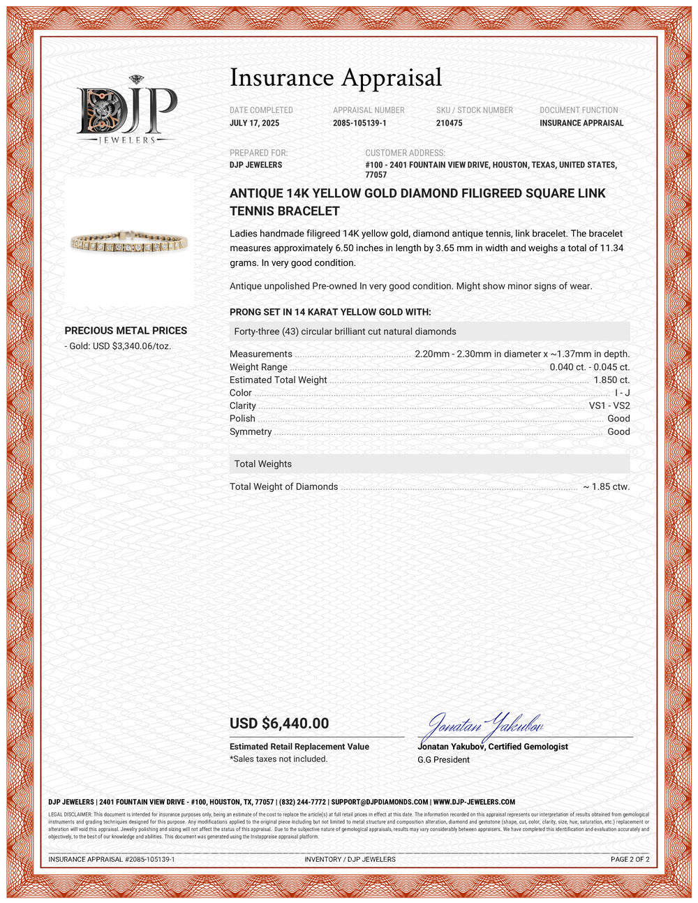 Antique 14K Yellow Gold Diamond Filigreed Square Link Tennis Bracelet