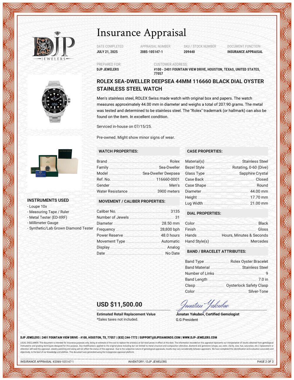 Rolex Sea-Dweller Deepsea 44MM 116660 Black Dial Oyster Stainless Steel Watch