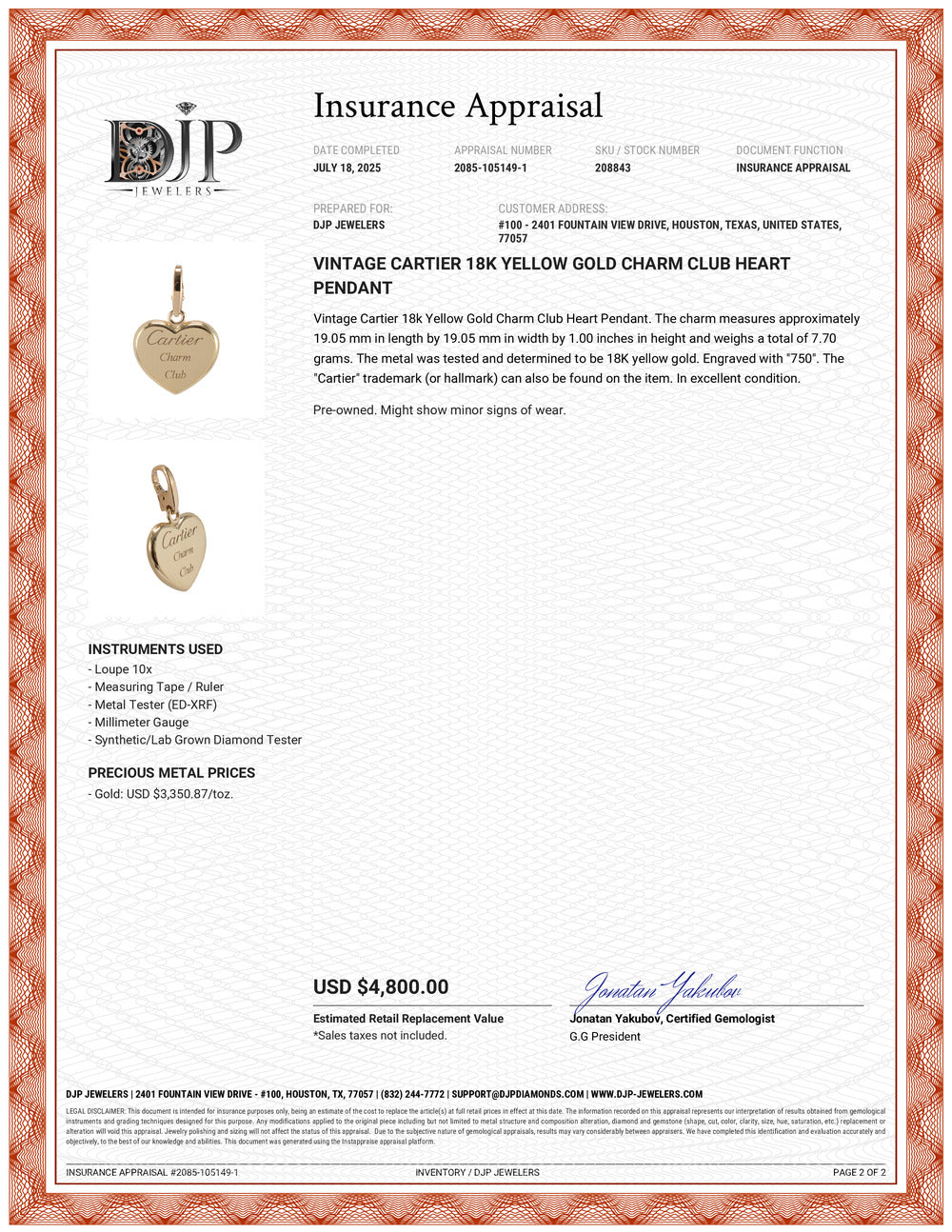 Vintage Cartier 18K Yellow Gold Charm Club Heart Pendant
