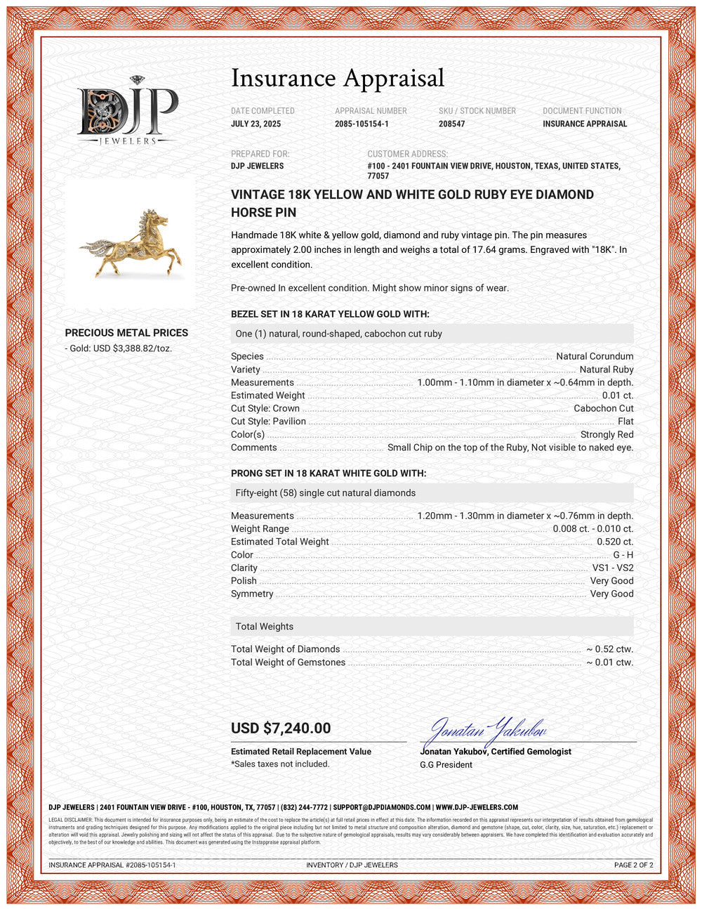 Vintage 18K Yellow and White Gold Ruby Eye Diamond Horse PIN