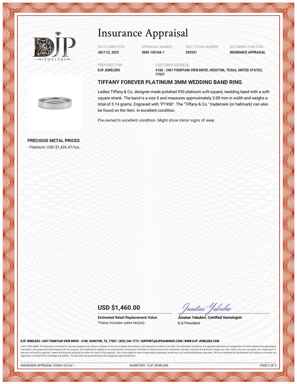 Tiffany Forever Platinum 3MM Wedding Band Ring