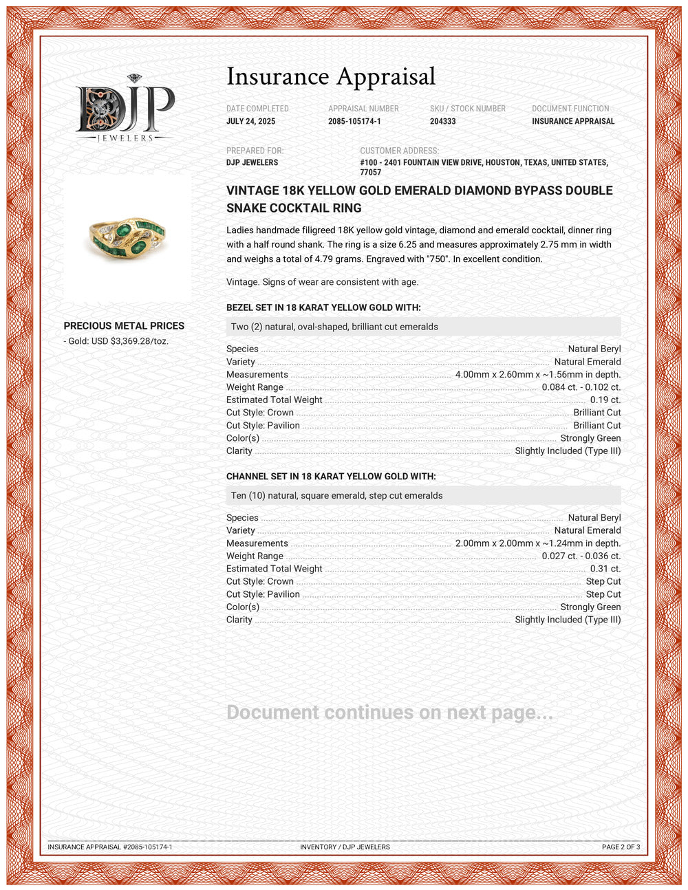 Vintage 18K Yellow Gold Emerald Diamond Bypass Double Snake Cocktail Ring