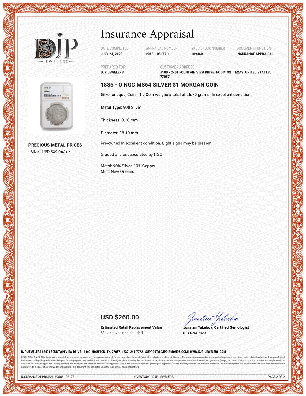 1885 - O NGC MS64 Silver $1 Morgan Coin
