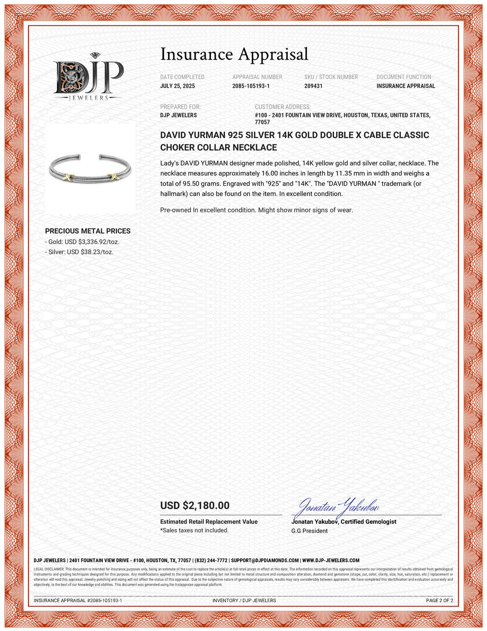 David Yurman 925 Silver 14K Gold Double X Cable Classic Choker Collar Necklace