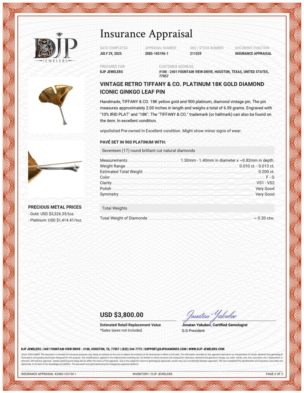 Vintage Retro Tiffany & Co. Platinum 18K Gold Diamond Iconic Ginkgo Leaf Pin