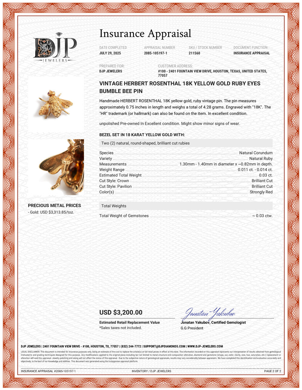 Vintage Herbert Rosenthal 18K Yellow Gold Ruby Eyes Bumble Bee Pin