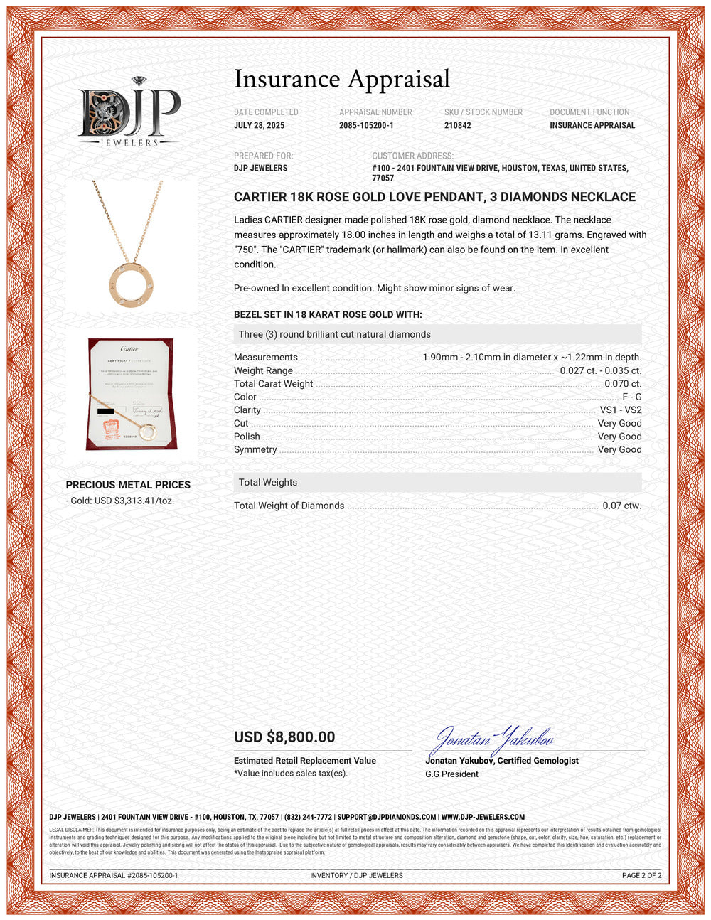Cartier 18K Rose Gold Love Pendant 3 Diamonds Necklace