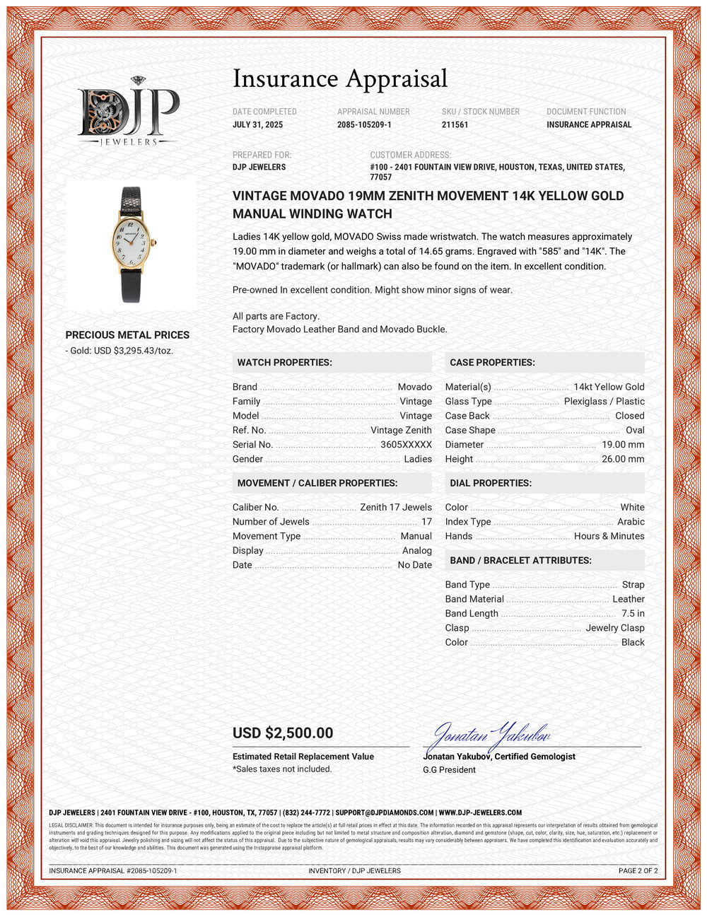 Vintage Movado 19MM Zenith Movement 14K Yellow Gold Manual Winding Watch