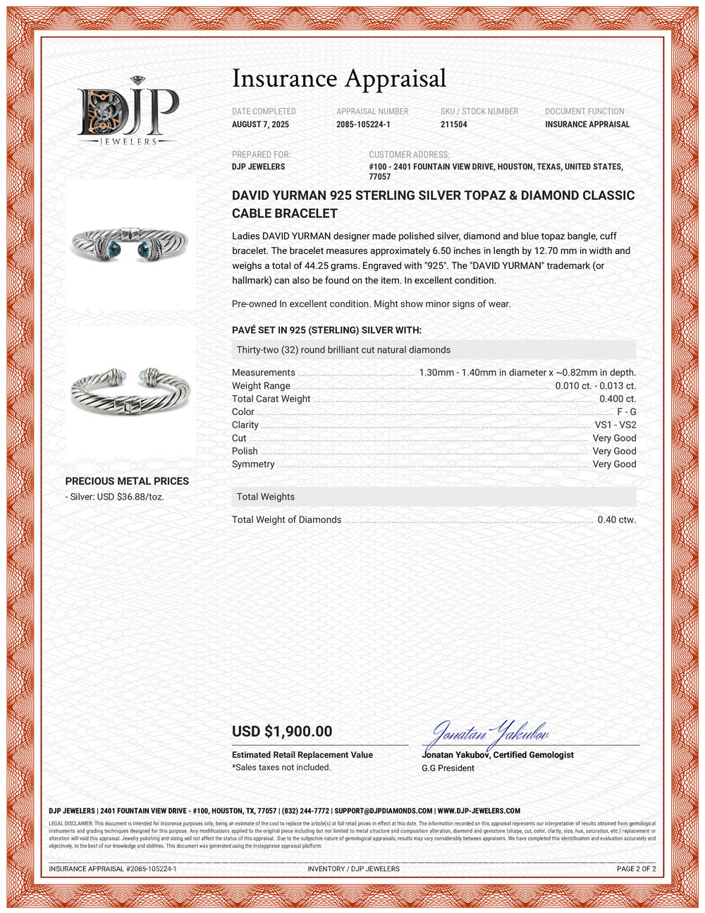 David Yurman 925 Sterling Silver Topaz & Diamond Classic Cable Bracele