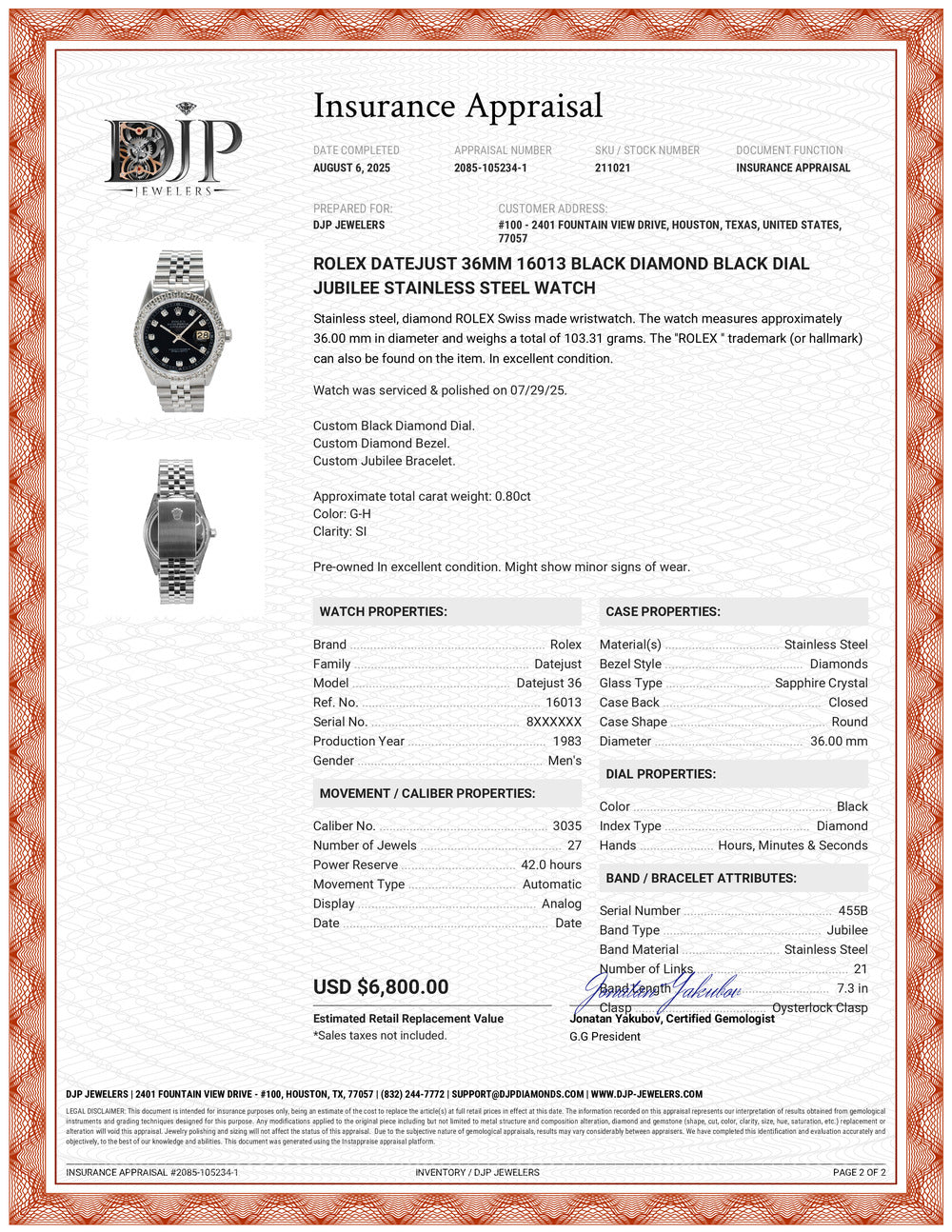 Rolex Datejust 36MM 16013 Black Diamond Black Dial Jubilee Stainless Steel Watch