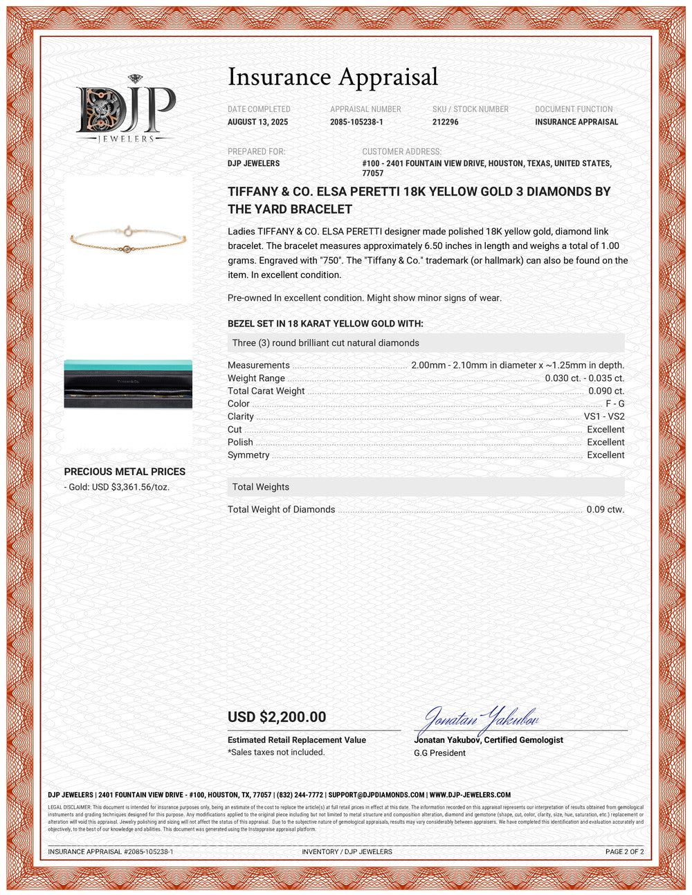 Tiffany & Co. Elsa Peretti 18K Yellow Gold 3 Diamonds by the Yard Bracelet