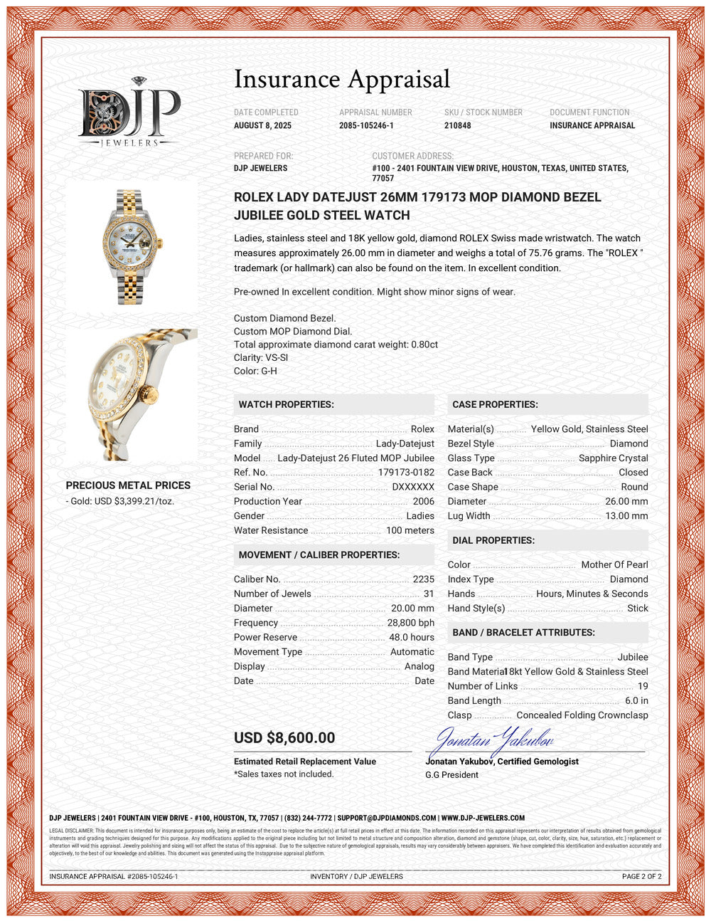 Rolex Lady Datejust 26MM 179173 Mop Diamond Bezel Jubilee Gold Steel Watch