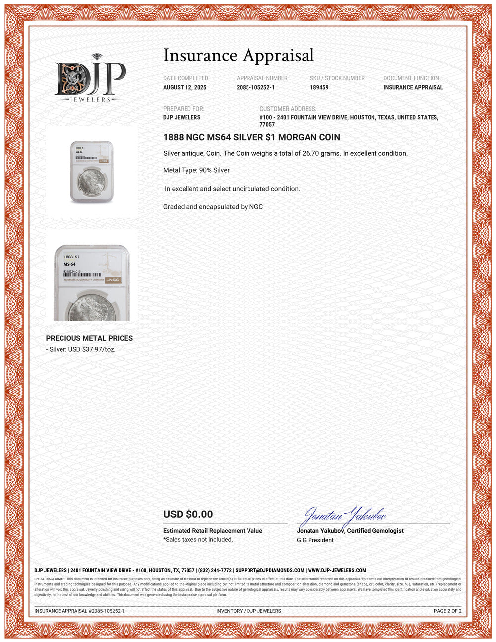 1888 NGC MS64 Silver $1 Morgan Coin