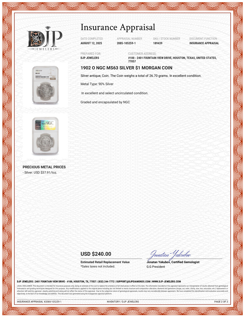 1902 O NGC MS63 Silver $1 Morgan Coin