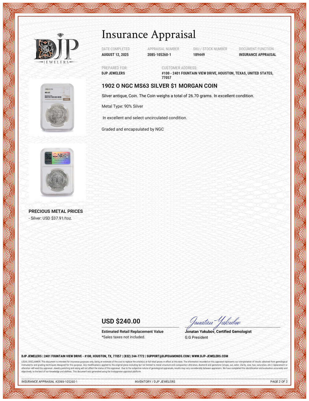 1902 O NGC MS63 Silver $1 Morgan Coin