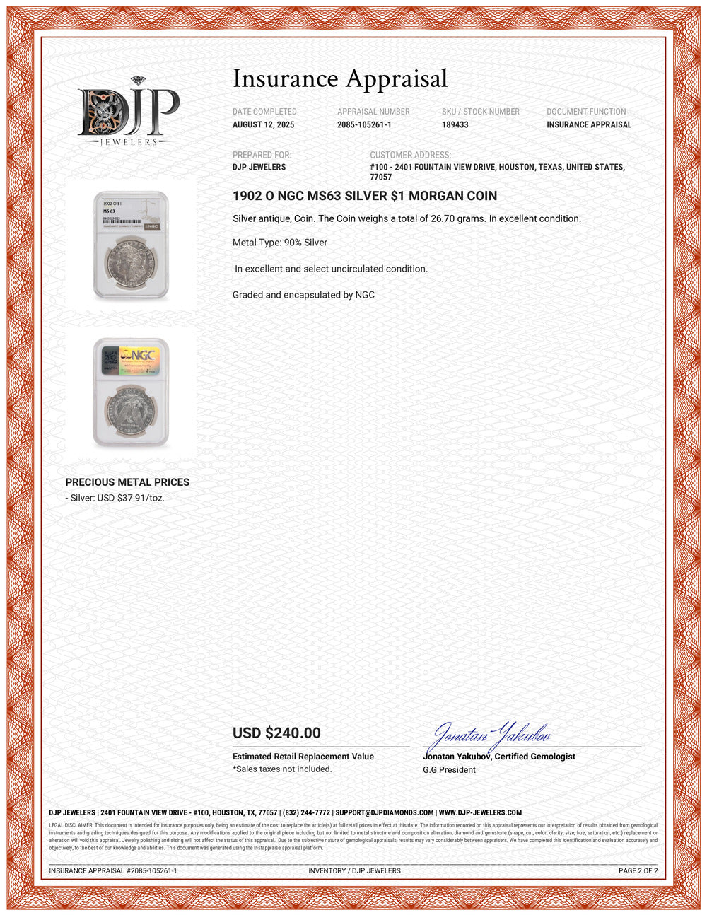 1902 O NGC MS63 Silver $1 Morgan Coin