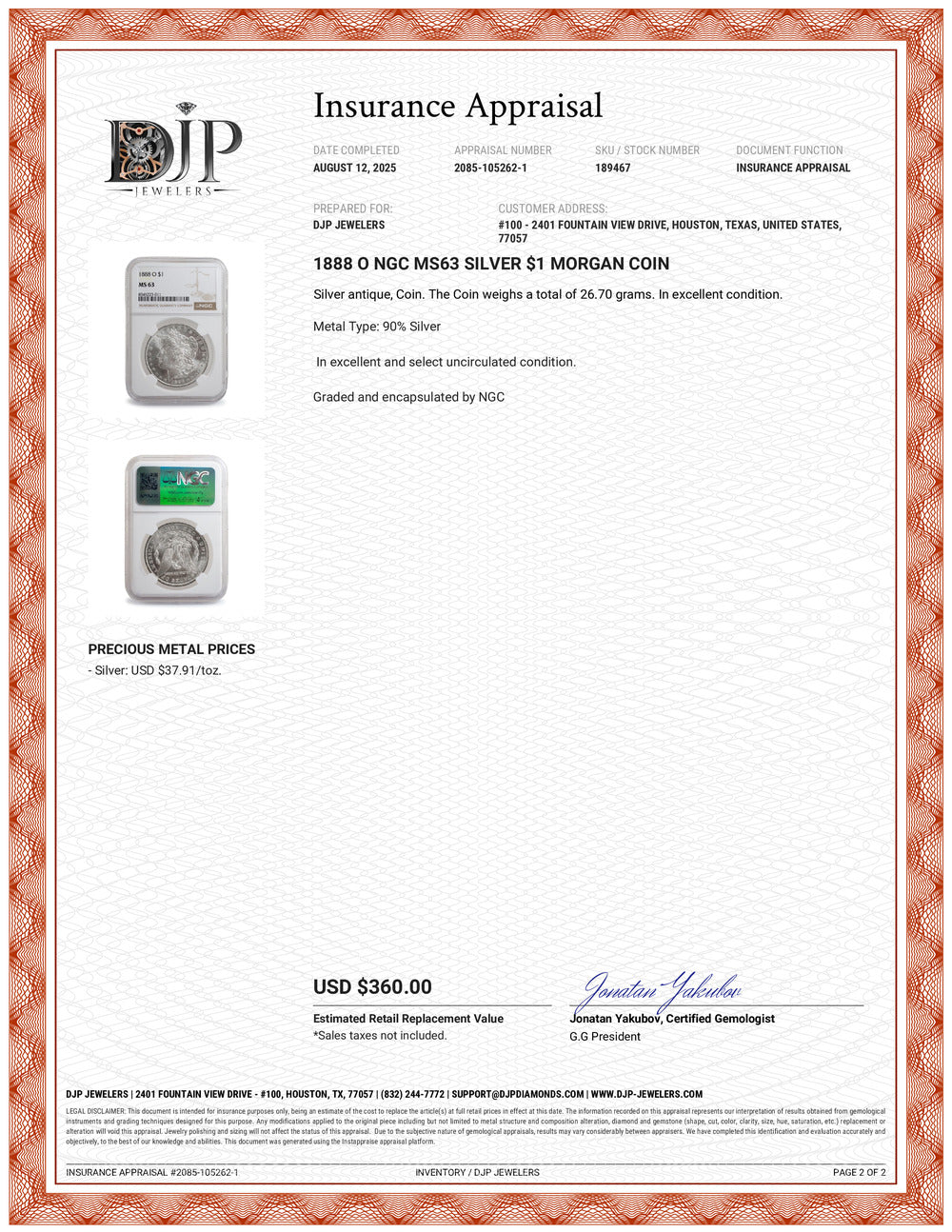 1888 O NGC MS63 Silver $1 Morgan Coin