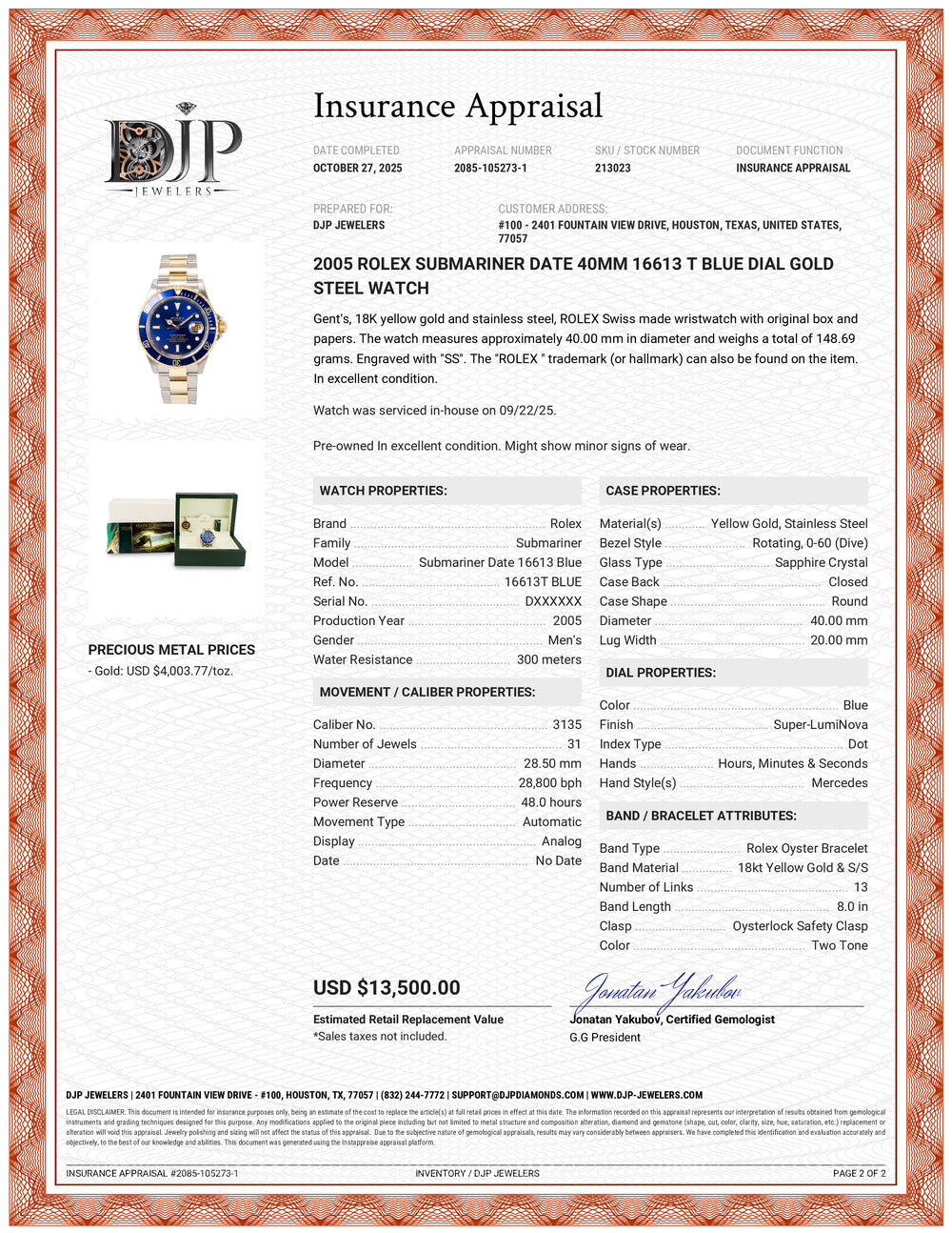 2005 Rolex Submariner Date 40MM 16613 T Blue Dial Gold Steel Watch