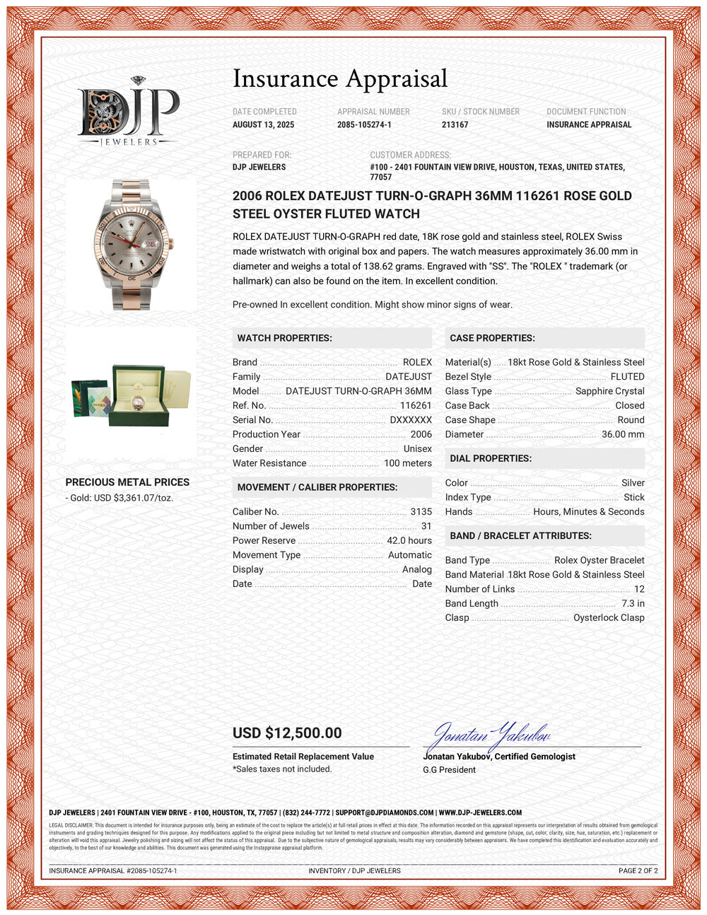 2006 Rolex Datejust Turn-O-Graph 36MM 116261 Rose Gold Steel Oyster Fluted Watch