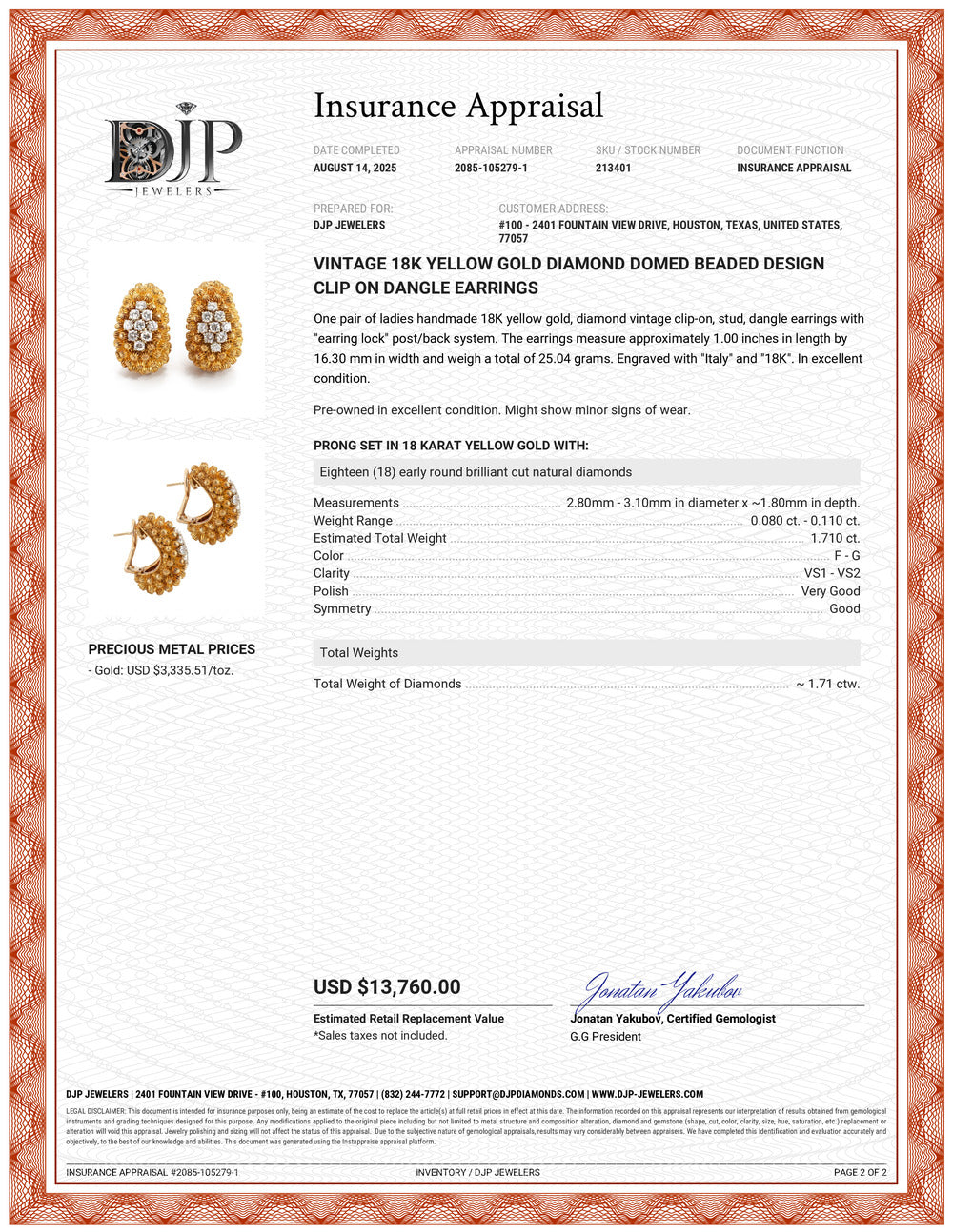 Vintage 18K Yellow Gold Diamond Domed Beaded Design Clip on Dangle Earrings