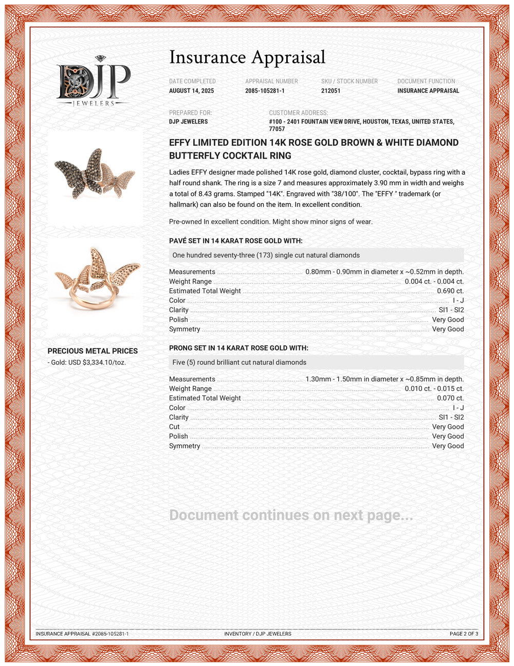 Effy Limited Edition 14K Rose Gold Brown & White Diamond Butterfly Cocktail Ring