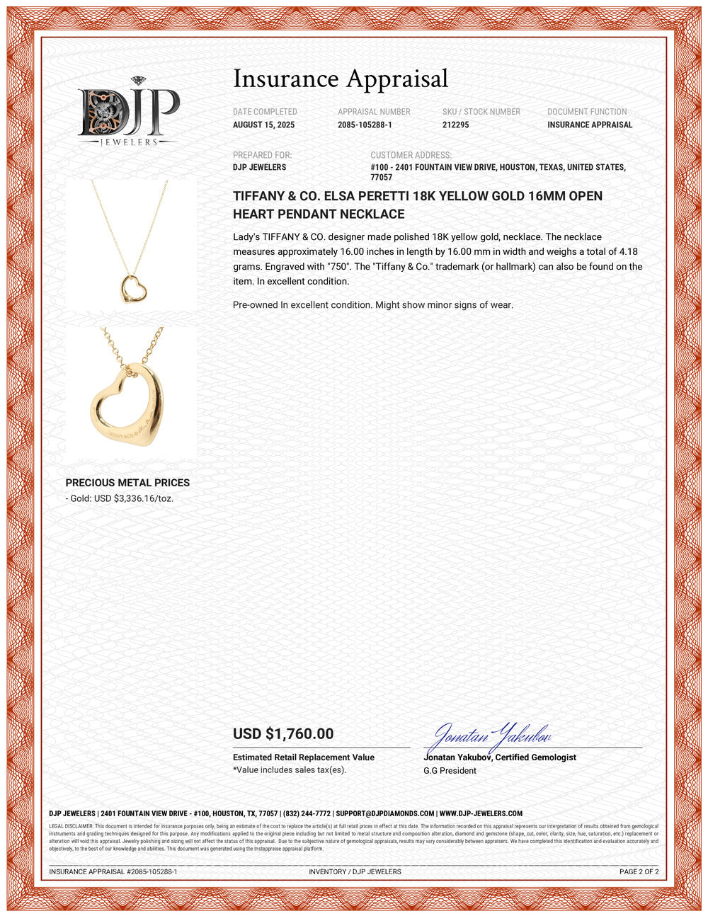 Tiffany & Co. Elsa Peretti 18K Yellow Gold 16MM Open Heart Pendant Necklace