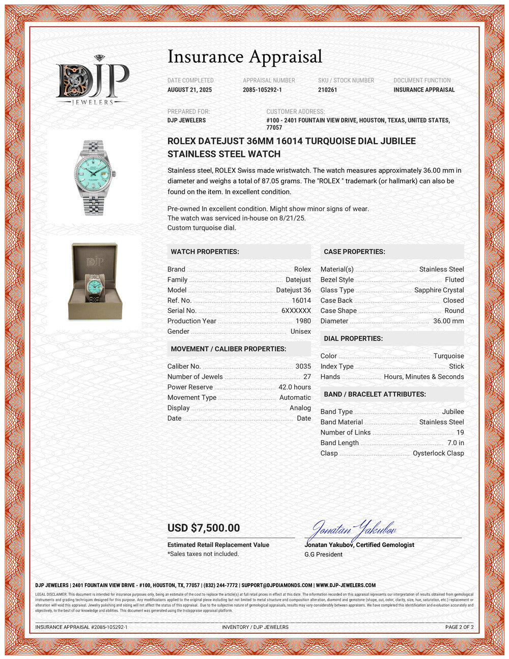 Rolex Datejust 36MM 16014 Turquoise Dial Jubilee Stainless Steel Watch