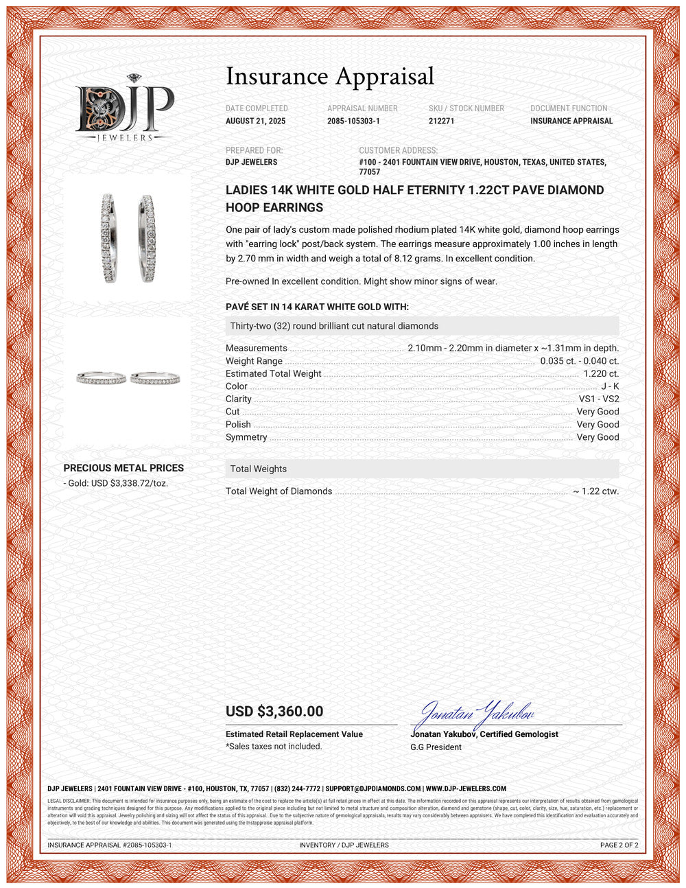 Ladies 14K White Gold Half Eternity 1.22ct Pave Diamond Hoop Earrings