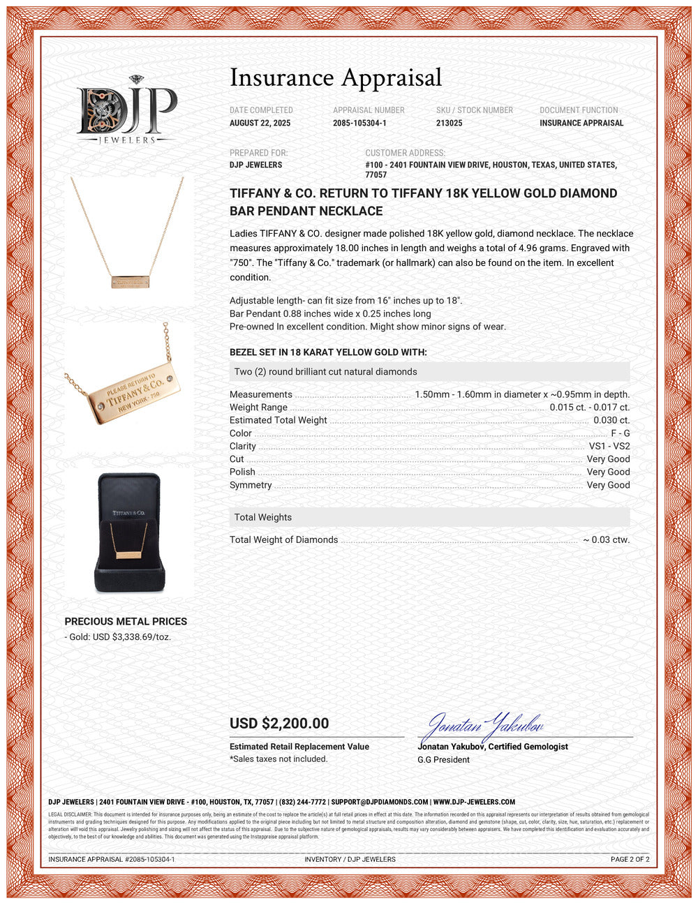 Tiffany & Co. Return to Tiffany 18K Yellow Gold Diamond Bar Pendant Necklace