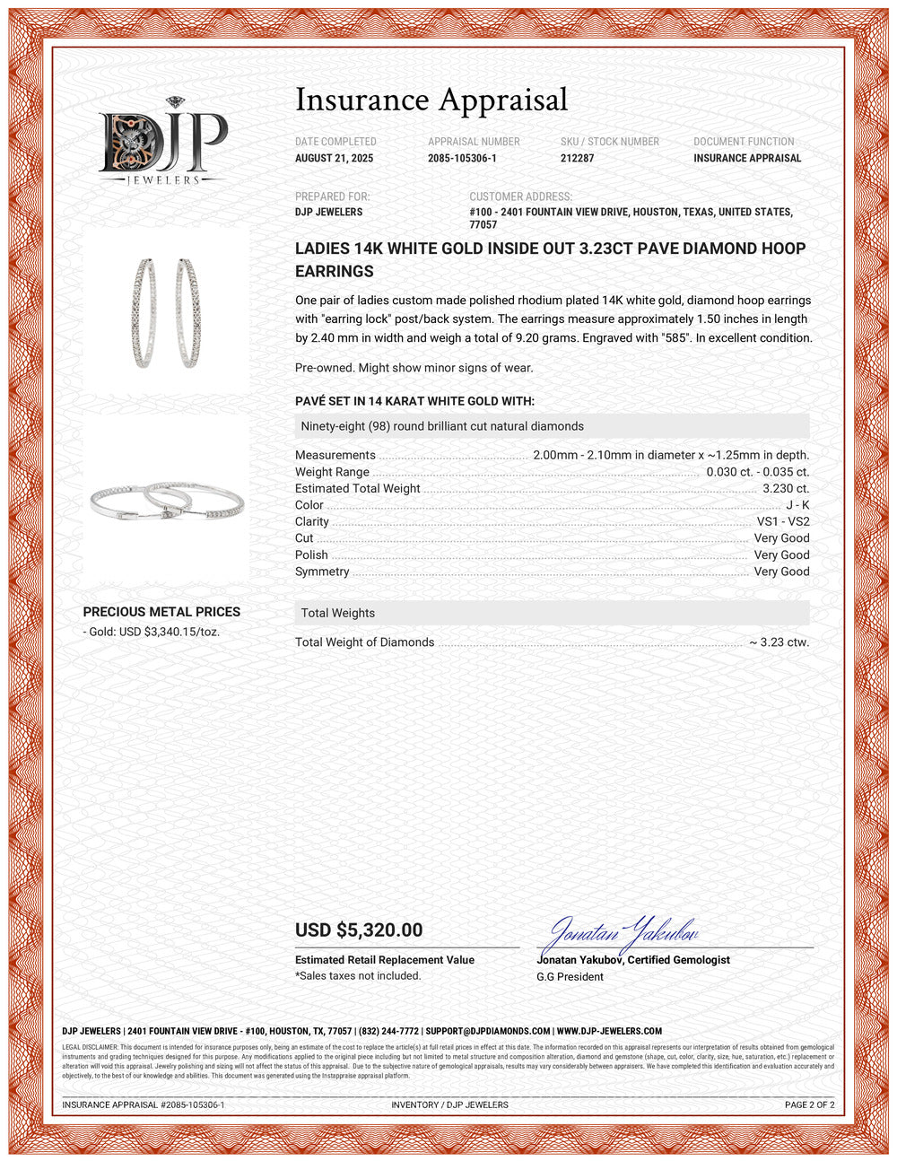 Ladies 14K White Gold Inside Out 3.23ct Pave Diamond Hoop Earrings