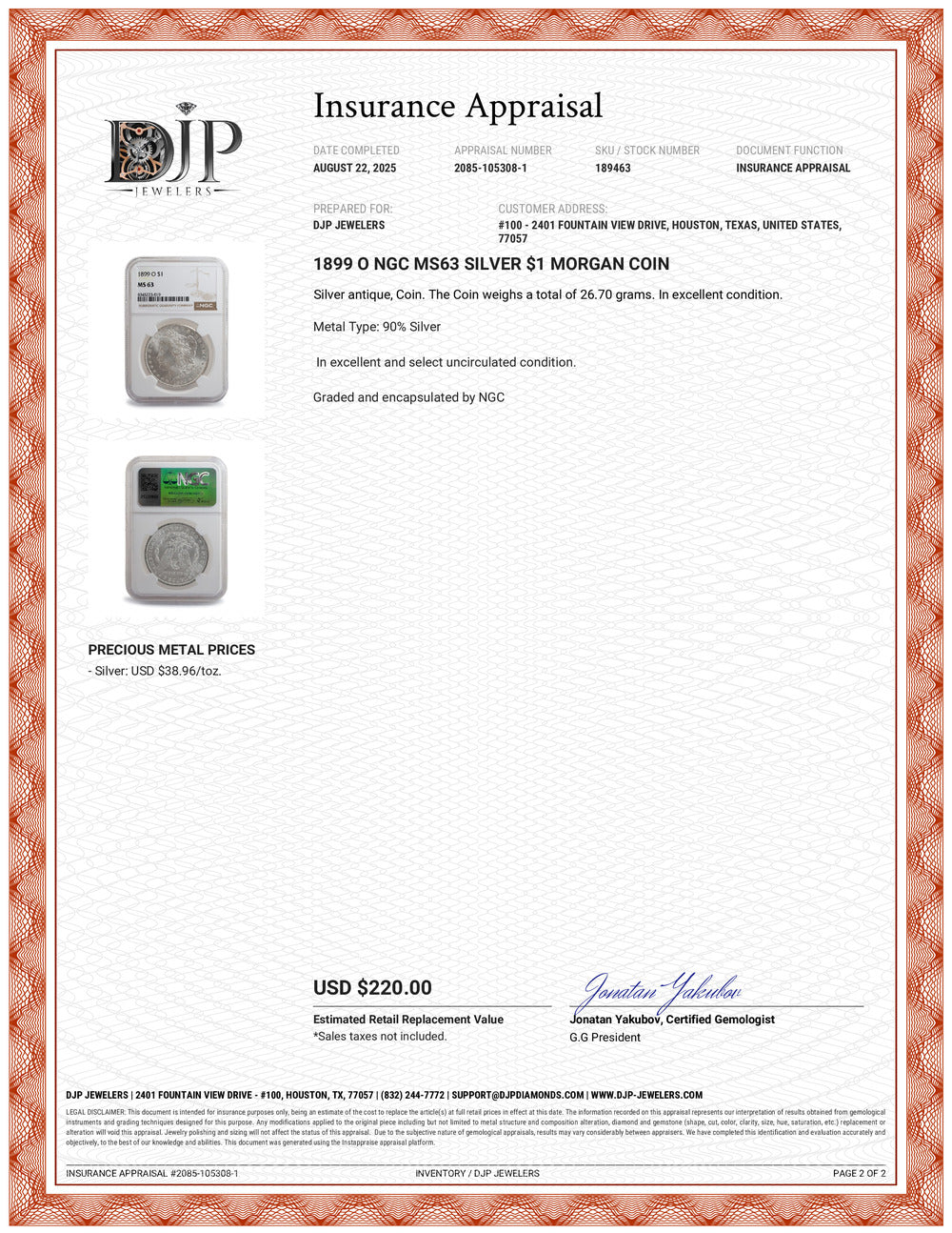 1899 O NGC MS63 Silver $1 Morgan Coin