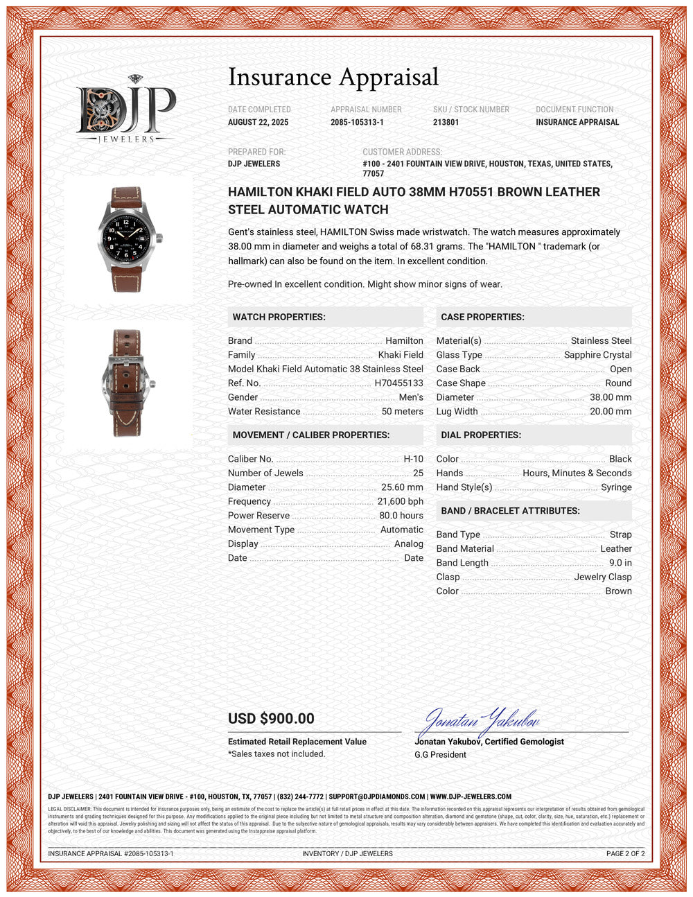 Hamilton Khaki Field Auto 38MM H70551 Brown Leather Steel Automatic Watch