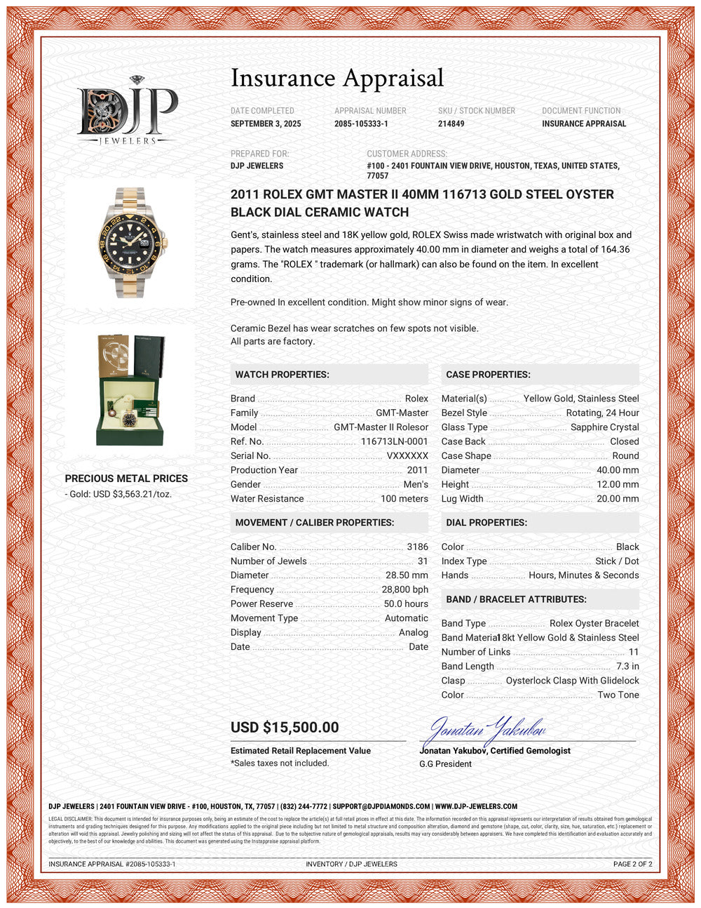 2011 Rolex GMT Master II 40MM 116713 Gold Steel Oyster Black Dial Ceramic Watch