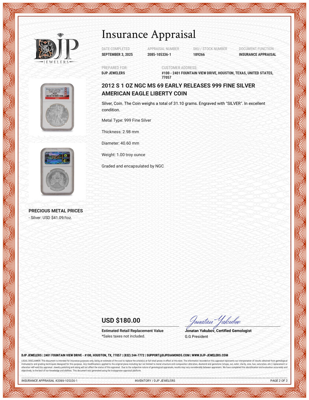 2012 S 1 Oz NGC MS 69 Early Releases 999 Fine Silver American Eagle Liberty Coin