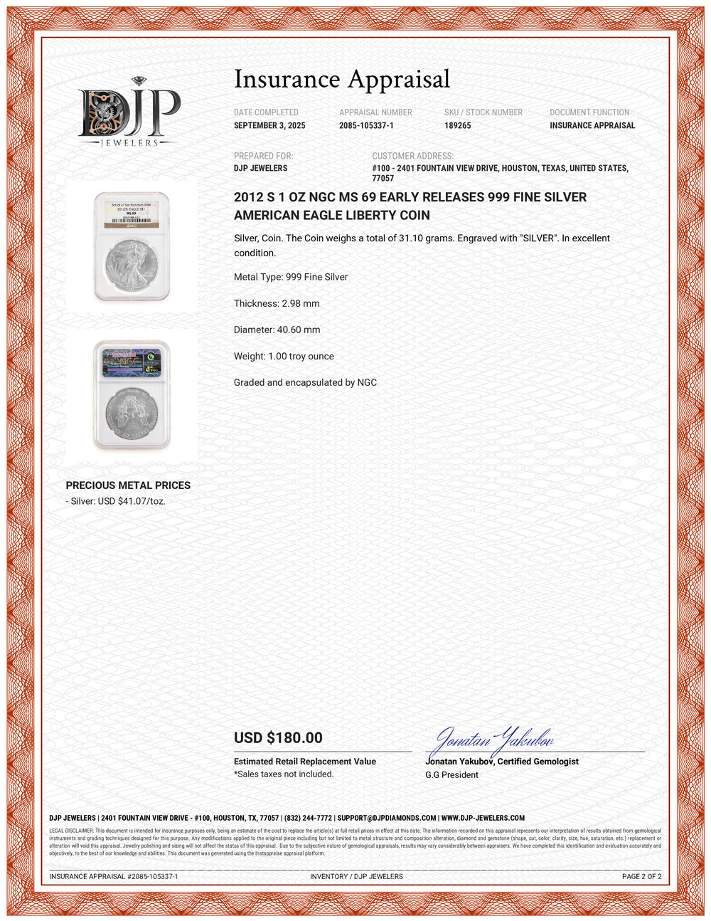 2012 S 1 Oz NGC MS 69 Early Releases 999 Fine Silver American Eagle Liberty Coin