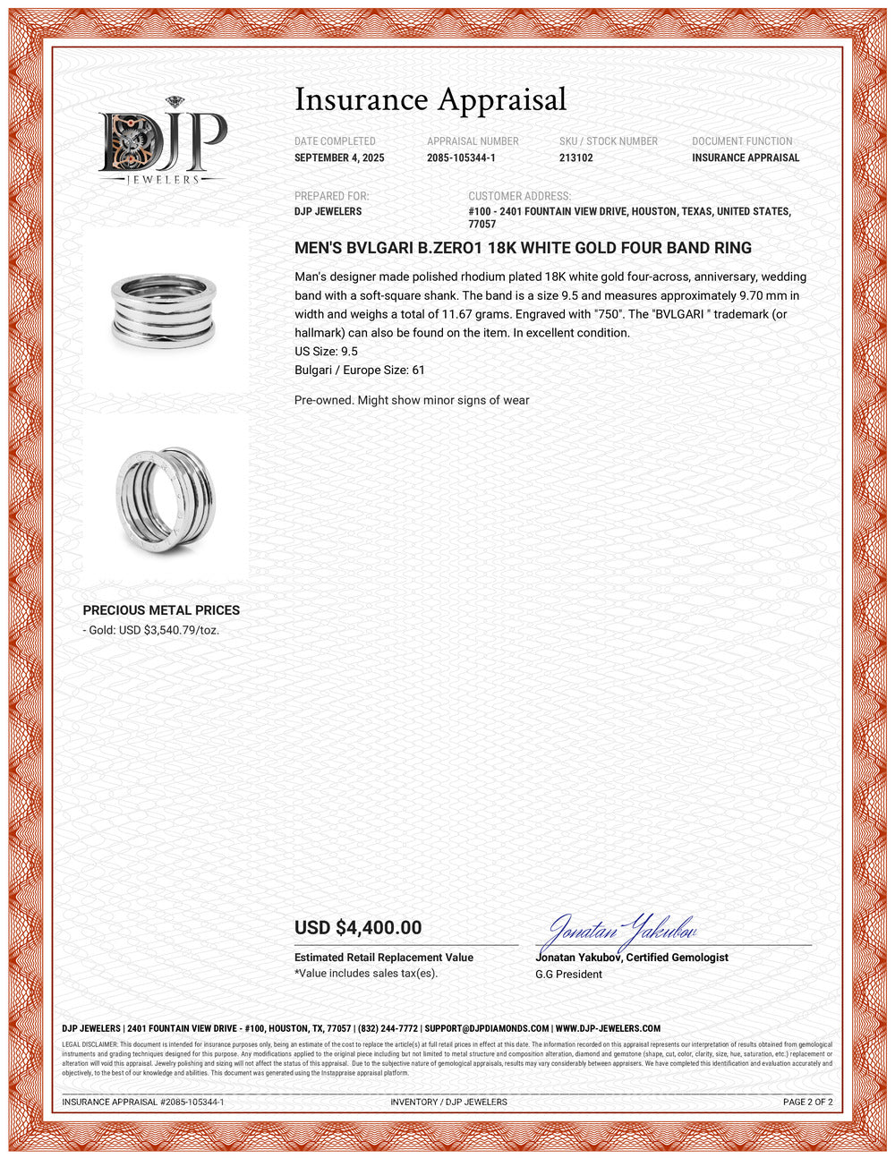 Men’s Bvlgari B.zero1 18K White Gold Four Band Ring