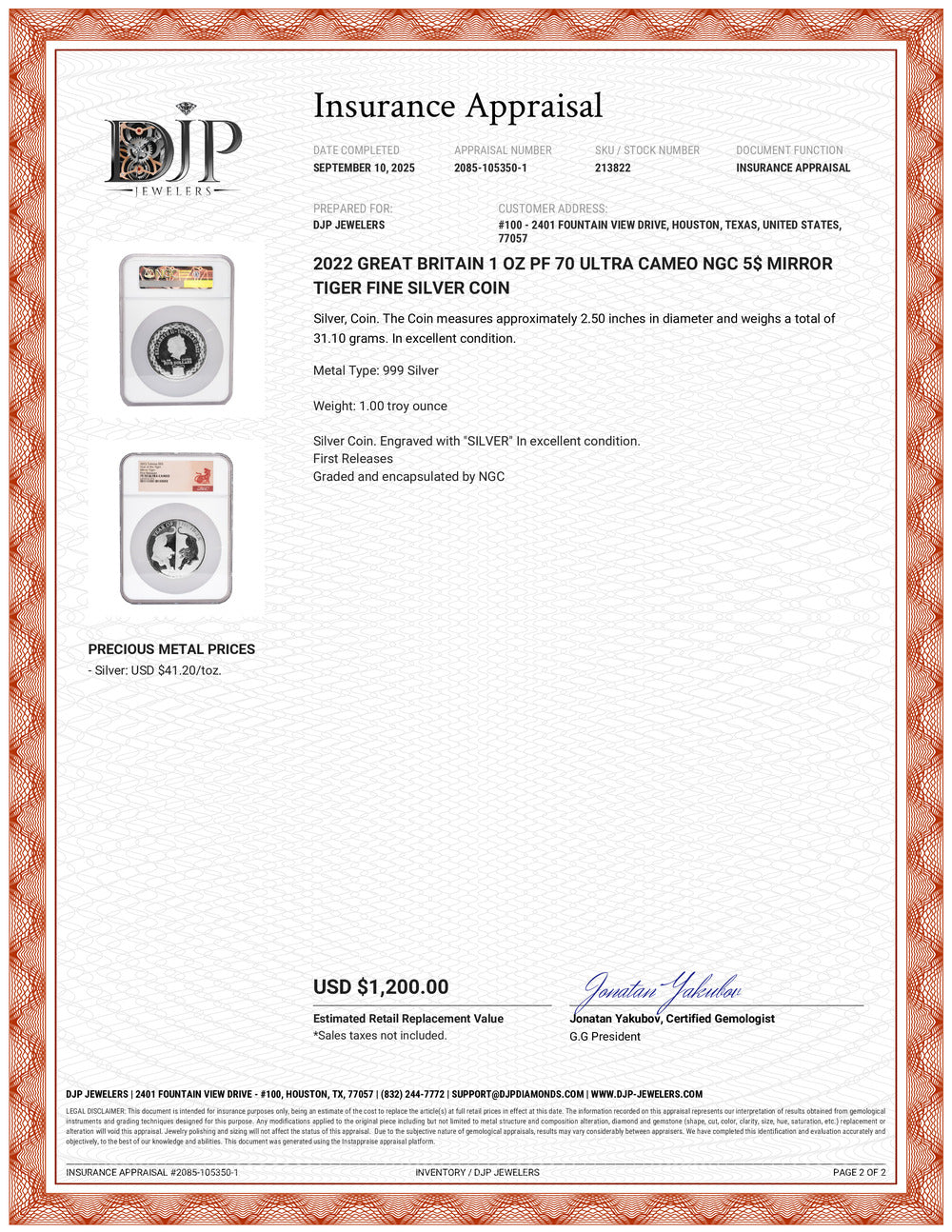 2022 Great Britain 1 Oz PF 70 Ultra Cameo NGC 5$ Mirror Tiger Fine Silver Coin