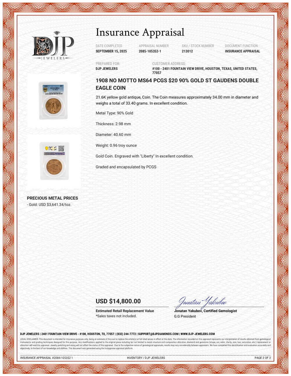 1908 No Motto MS64 PCGS $20 90% Gold St Gaudens Double Eagle Coin